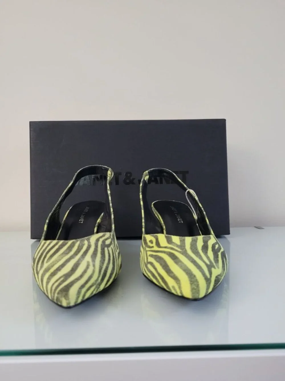 Janet & Janet Zebra Print Slingback Heels Size 37 Lime Green Black